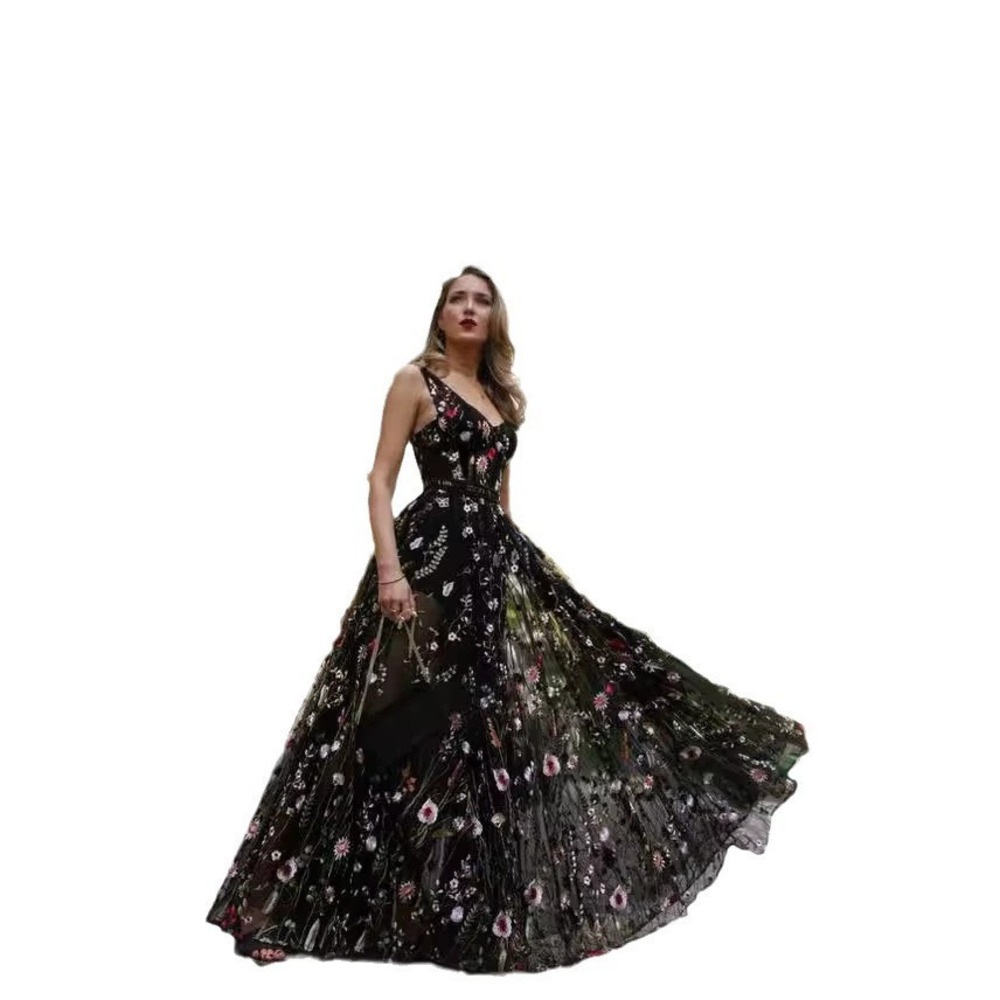 ZARA Sexy Deep V Sleeveless Embroidered Backless Ball Gown - Picture 5 of 6